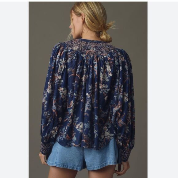By Anthropologie Long-Sleeve Smocked Lurex Top Size S Blue Floral Print boho - Picture 2 of 13